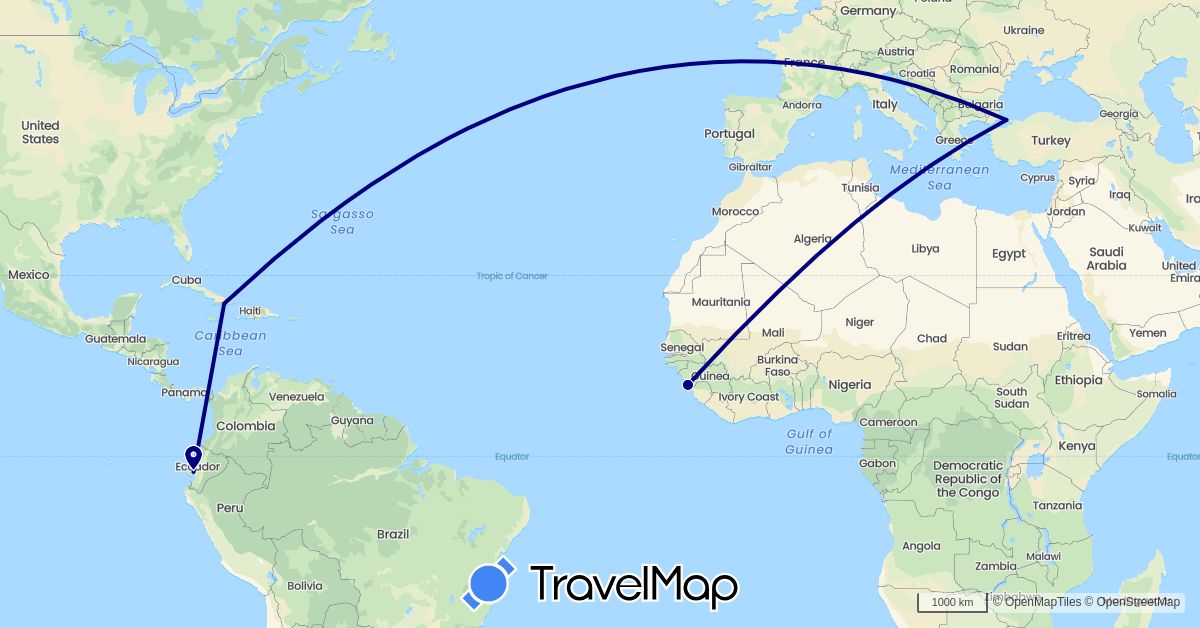 TravelMap itinerary: driving in Cuba, Ecuador, Guinea, Turkey (Africa, Asia, North America, South America)